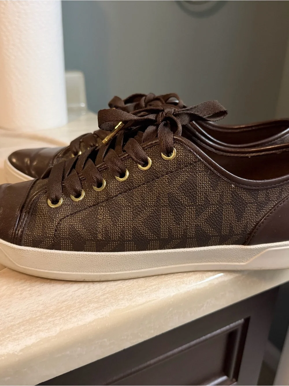 Michael Kors Brown MK Logo Low-Top Sneakers with Gold Eyelets